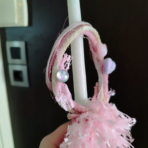 Easter candle handmade with wreath and pom poms, new