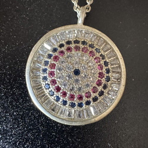 Silver women's necklace with eye design and colorful zircon crystals like new