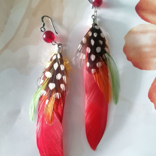 Boho earrings handmade with natural colorful feathers, new