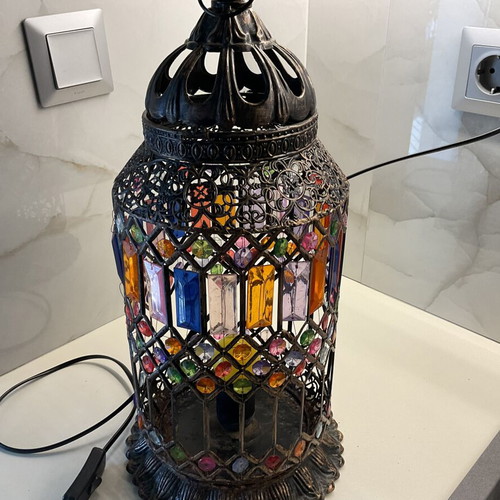 Inart handmade lantern lamp, 45 cm, metal with colorful glass