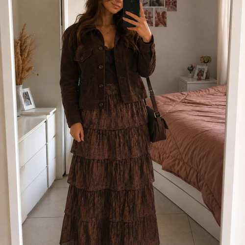 Corduroy skirt and jacket set small, like new, brown