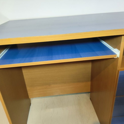 Computer desk with drawers used, natural wood and blue