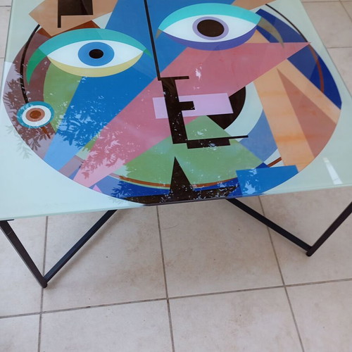 Modern deco coffee table with colored glass and iron, Bowie Bauhaus White by Jack Smith, like new