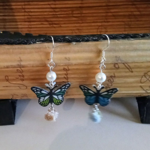 Handmade earrings with blue butterflies and pearls, new