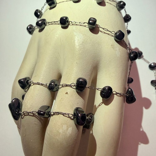 Rosary necklace with hematite beads, platinum plated, new