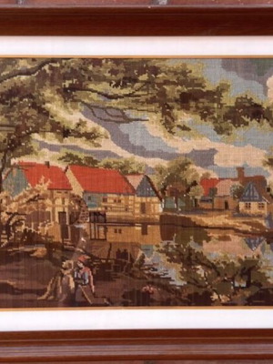 Cross-stitch village painting like new, handmade canvas 97x44 cm