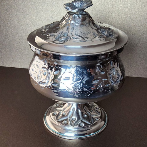 Traditional footed sugar bowl used, silver-plated brass with floral decoration