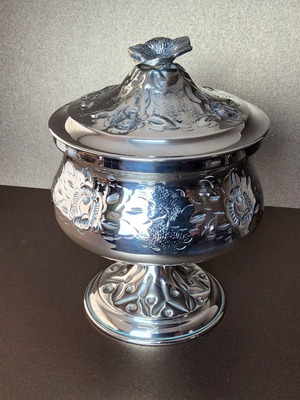 Traditional footed sugar bowl used, silver-plated brass with floral decoration