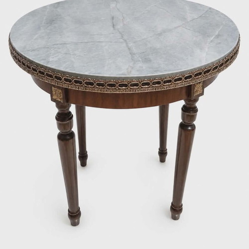 Vintage round coffee table with metal decoration and marble top like new