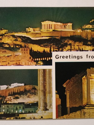 Καρτ ποστάλ με τρεις φωτογραφίες Νυχτερινή άποψη της Ακρόπολης μεταχειρισμένη, έγχρωμο