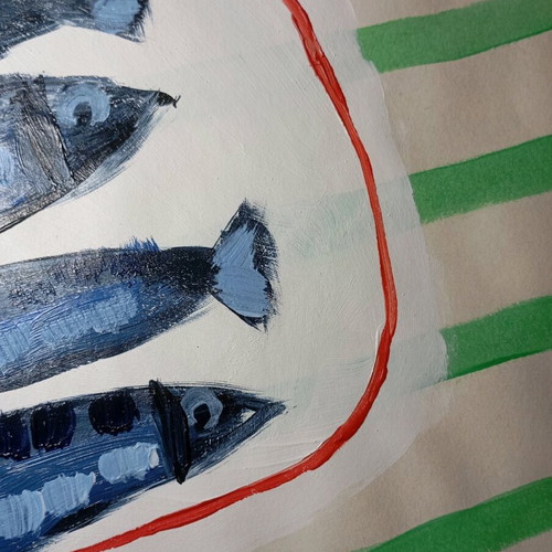 Sardines and green stripes acrylic on paper new 27.5x35.5 cm