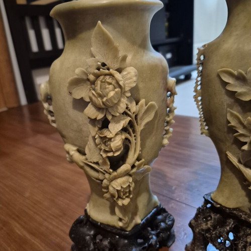 Chinese soapstone vases pair used, Republic period 1910–1950