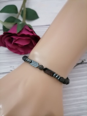 Unisex handmade black bracelet with semi-precious stones and zirconia ball