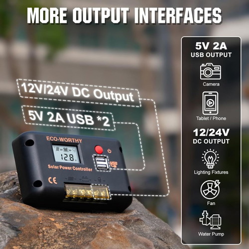 30A Solar Charge Controller 12/24V PWM with Bluetooth and 2 USB Ports