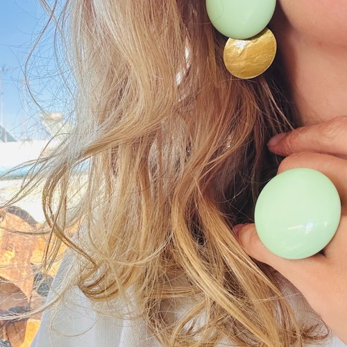 Oversized Mint Glazed Statement Earrings and Ring Set Gold Tone