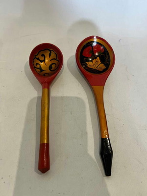 Khokhloma wooden spoons vintage set of 2 used, 20cm and 19cm