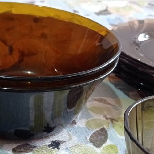 Tempered amber brown glass dinnerware set