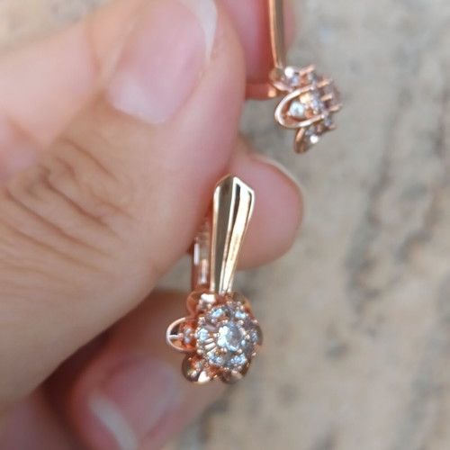 Flower design earrings with zircon, 14K gold plated copper, rose gold