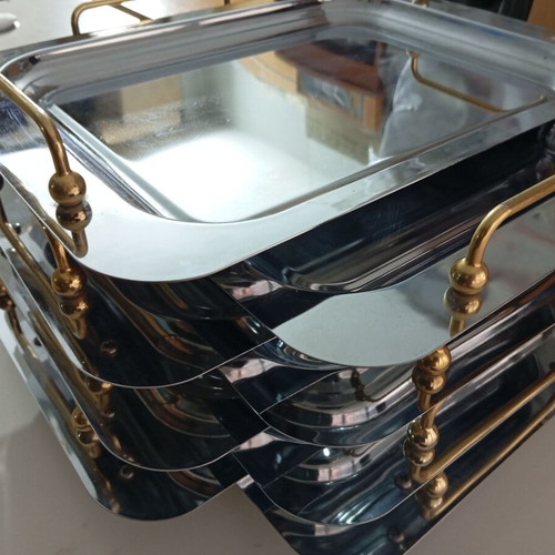 Serving trays like new, pack of 8, inox with gold handles 31x42 cm