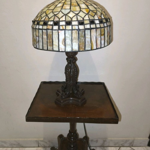 Vintage Tiffany-style table lamp with stained glass shade