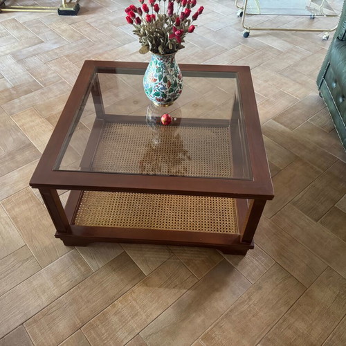 Classic coffee table rectangular 80x80x44cm like new, walnut or beech with glass