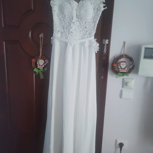 A-Style wedding dress, handmade, white ice color, lace top, muslin skirt, small train