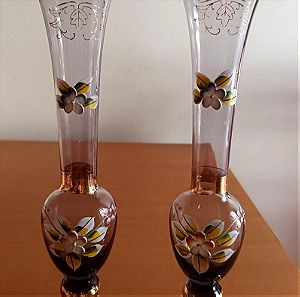 2 Βαζάκια Murano vintage με ανάγλυφα λουλούδια και πέτρες
