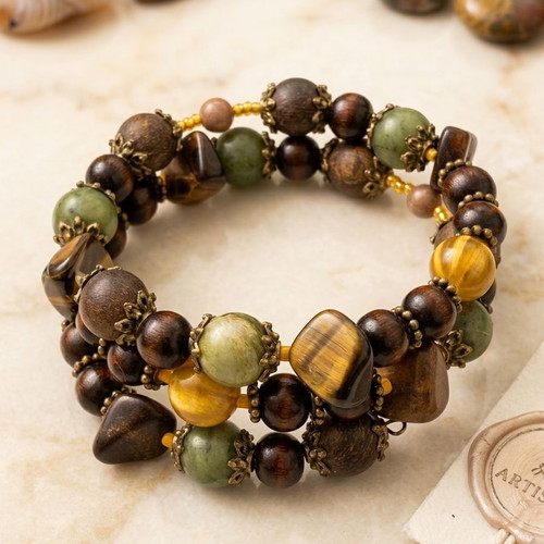 Boho Gemstone Bracelet New with Tiger’s Eye and Green Jade
