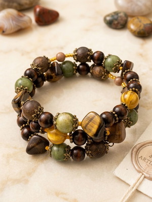 Boho Gemstone Bracelet New with Tiger’s Eye and Green Jade