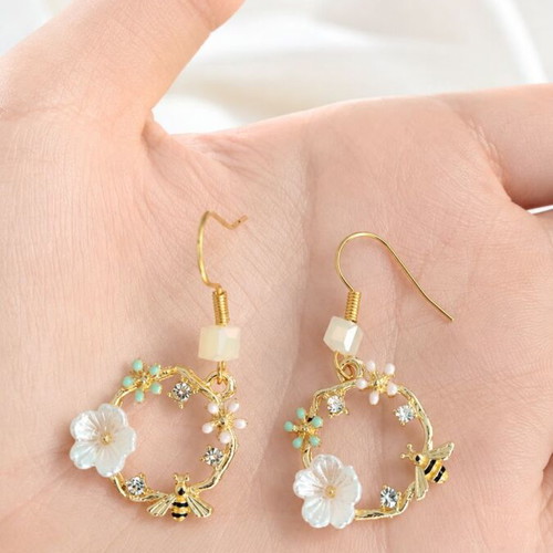Handmade Secret Garden Earrings gold wreaths with bees and flowers