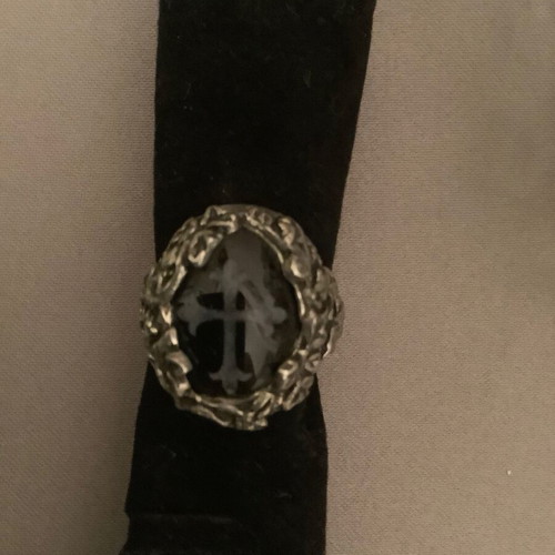 Alchemy ring silver like new, handmade with black stone and painted cross