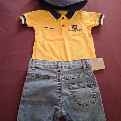 Baby set with jeans shorts, t-shirt, hat and pajamas new