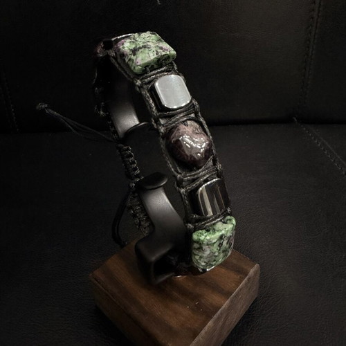 Men's leather bracelet with garnet, ruby zoisite, and hematite, new