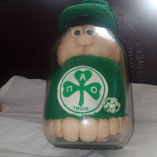 Vintage Panathinaikos doll in glass jar like new