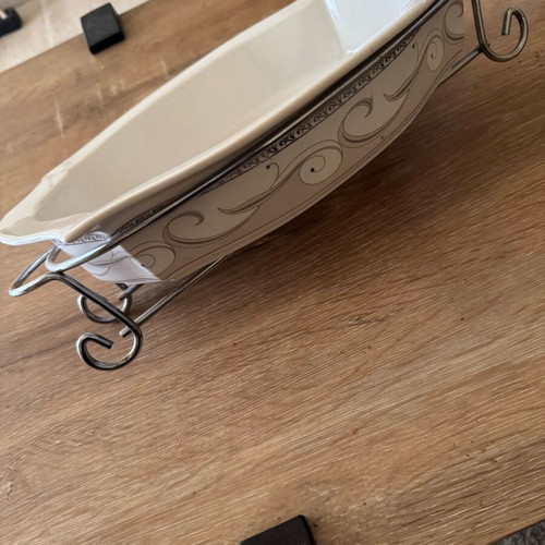 Baking dish with metal base like new, ceramic tray