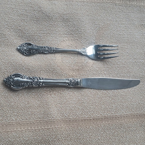 Vintage stainless steel knife and fork set Japan used, floral design