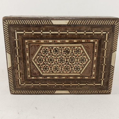 Vintage Handmade Wooden Box with Mother-of-Pearl Mosaic, used