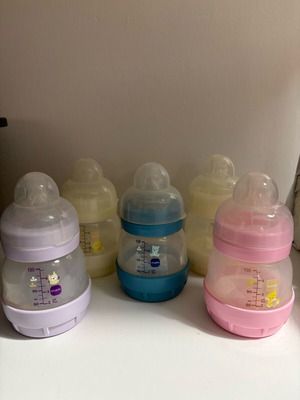 MAM bottles used, 130 ml, nipple size 2, one missing