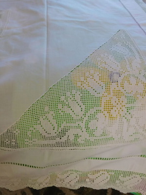 Handmade tablecloth new, square linen with lace