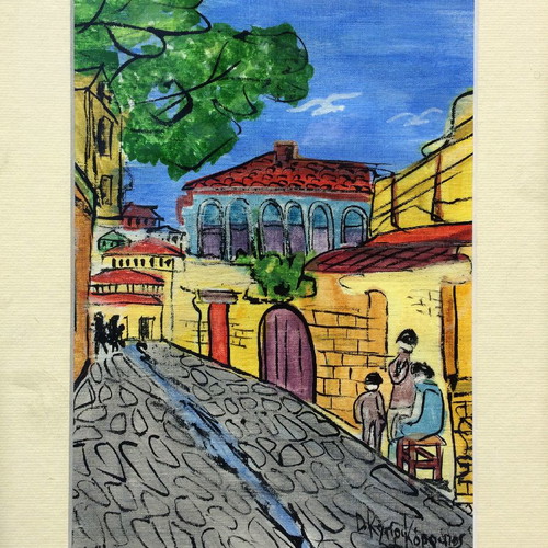 Kyriakopoulos painting used, oil on paper themed Thessaloniki 2003