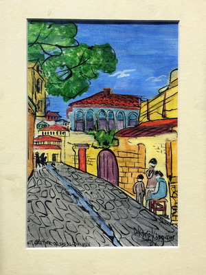 Kyriakopoulos painting used, oil on paper themed Thessaloniki 2003