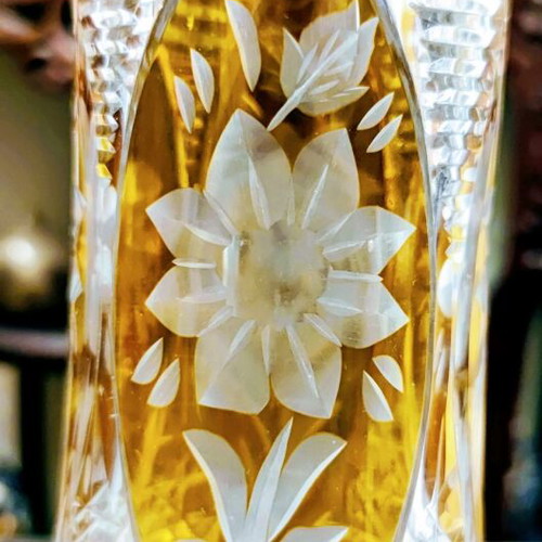 Bohemian Crystal Vase hand-cut with carved flowers, like new
