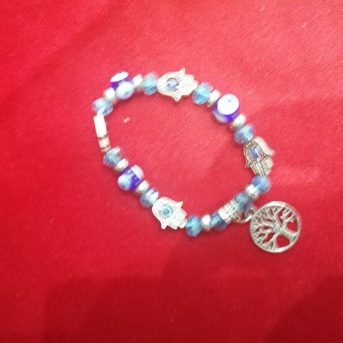 Elastic bracelet with eye and tree of life charm new, blue and silver