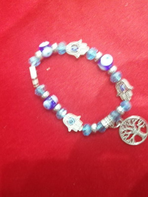 Elastic bracelet with eye and tree of life charm new, blue and silver