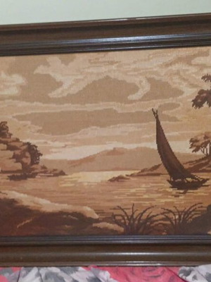 Embroidered framed textile painting 125x61 like new