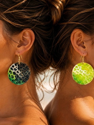 Round Large Lime Earrings handmade with resin and gold-plated steel