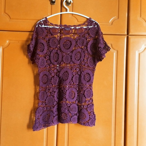 Machine-knit short-sleeve blouse, red, one size