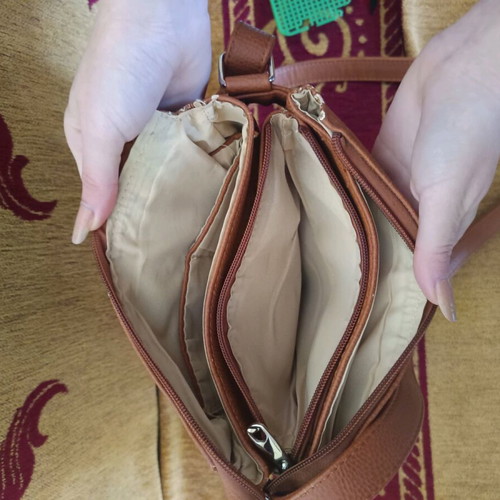 Shoulder mail bag used, brown with multiple compartments
