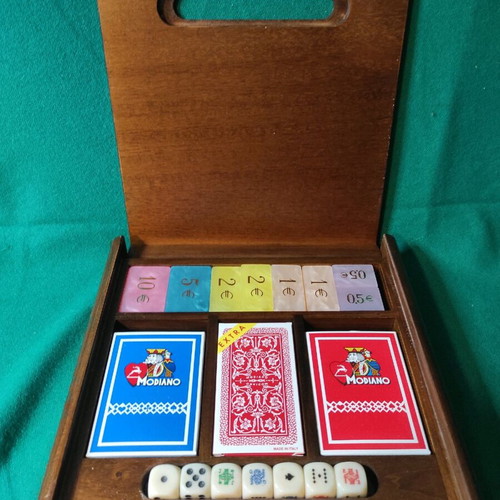 Vintage wooden case for dice and playing cards used