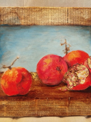 Authentic painting Pomegranates mixed media and collage 25x30 cm new